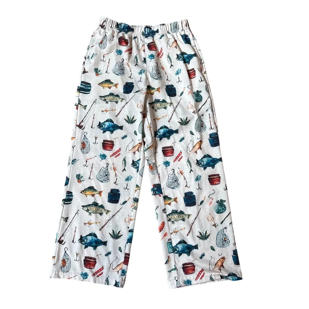 Fishing Pajama Pants Boys White Novelty Print‎ Lounge SIZE Small